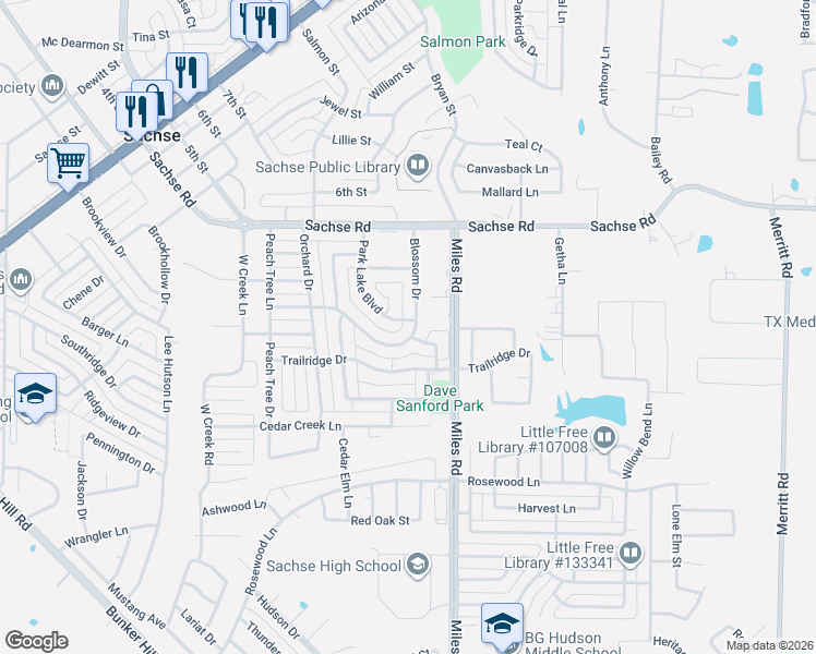 map of restaurants, bars, coffee shops, grocery stores, and more near 3829 Blossom Drive in Sachse