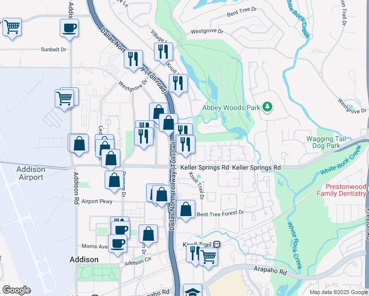 map of restaurants, bars, coffee shops, grocery stores, and more near 16150 Dallas Parkway in Dallas