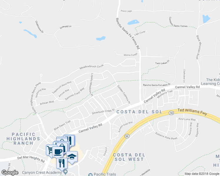 map of restaurants, bars, coffee shops, grocery stores, and more near 6368 Quail Run Street in San Diego