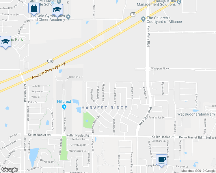 map of restaurants, bars, coffee shops, grocery stores, and more near 13265 Harvest Ridge Road in Fort Worth