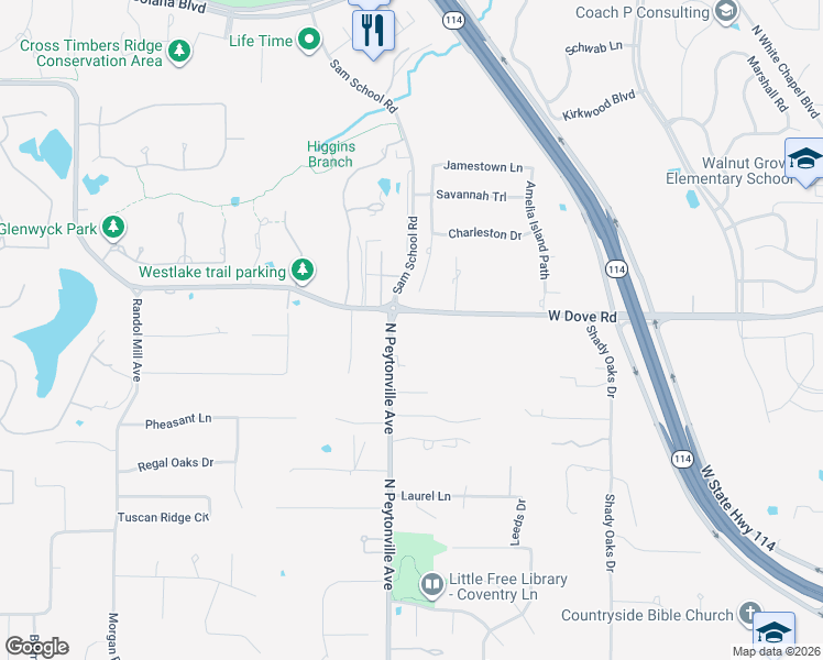 map of restaurants, bars, coffee shops, grocery stores, and more near 1075 West Dove Road in Southlake