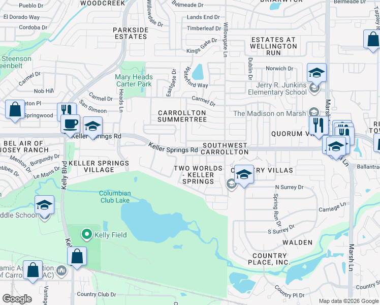 map of restaurants, bars, coffee shops, grocery stores, and more near 2611 Via Cordova in Carrollton