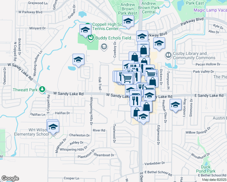 map of restaurants, bars, coffee shops, grocery stores, and more near 202 West Sandy Lake Road in Coppell