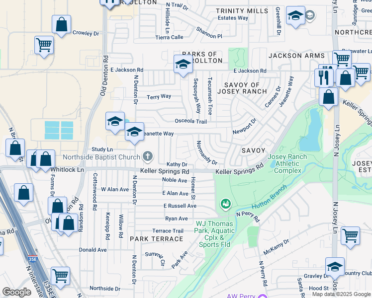 map of restaurants, bars, coffee shops, grocery stores, and more near 1207 Brittainy Drive in Carrollton