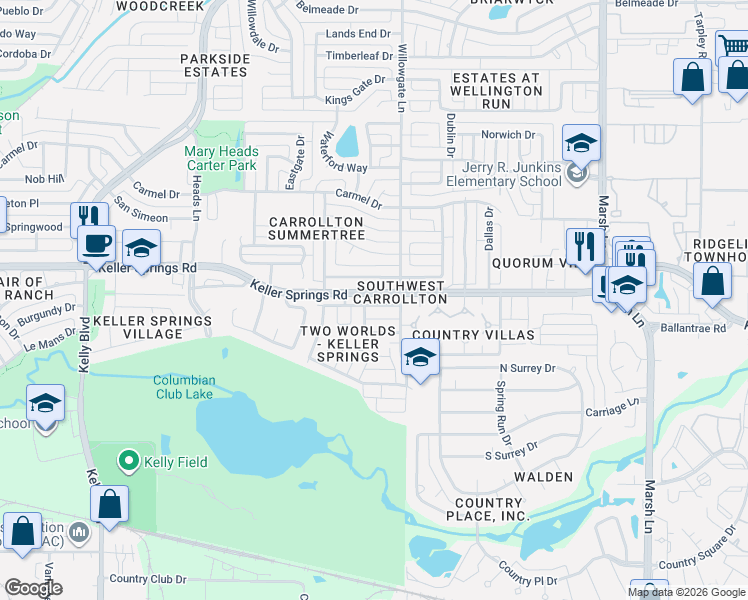 map of restaurants, bars, coffee shops, grocery stores, and more near 2641 Via Cordova in Carrollton