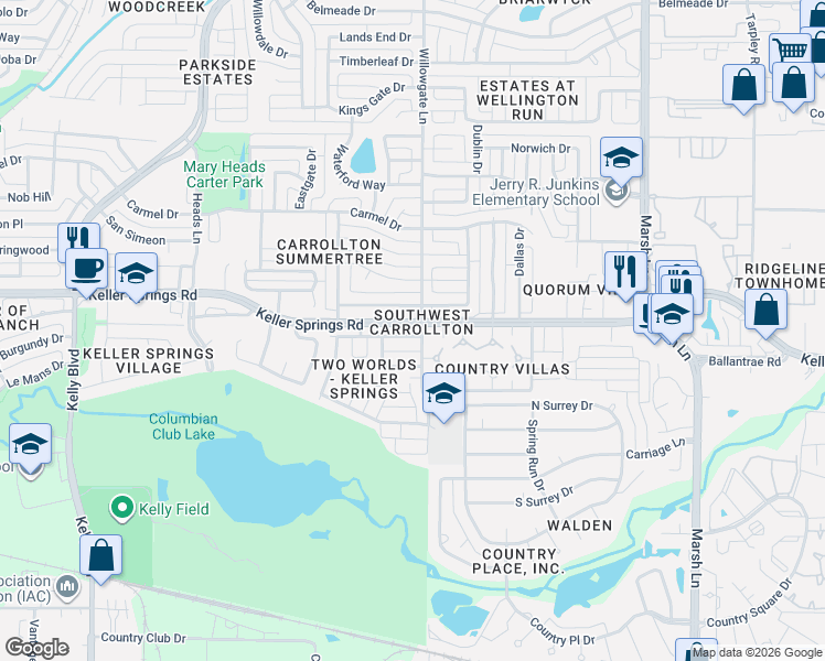 map of restaurants, bars, coffee shops, grocery stores, and more near 2140 Willowgate Lane in Carrollton