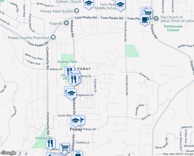 map of restaurants, bars, coffee shops, grocery stores, and more near 13725 Adrian Street in Poway