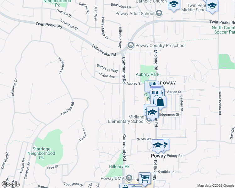 map of restaurants, bars, coffee shops, grocery stores, and more near 14135 Mazatlan Way in Poway