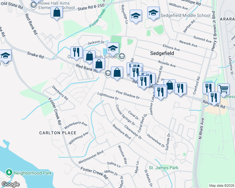 map of restaurants, bars, coffee shops, grocery stores, and more near 143 Pineshadow Drive in Goose Creek