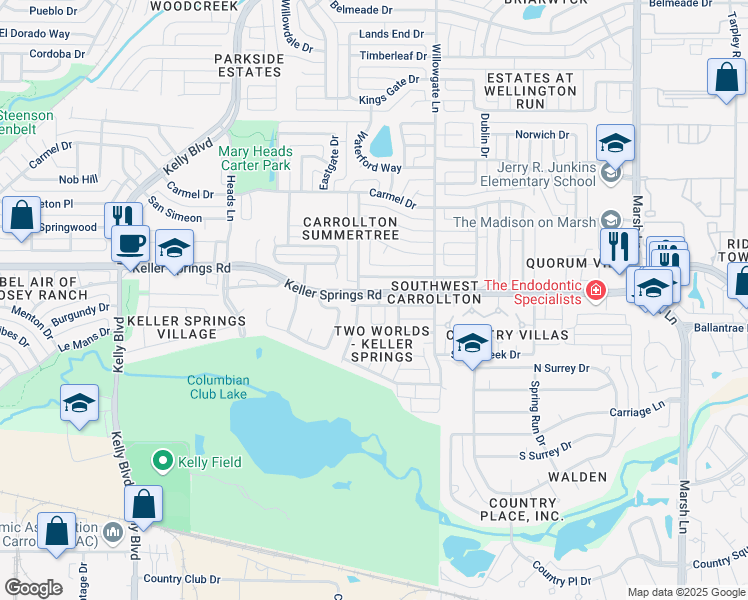 map of restaurants, bars, coffee shops, grocery stores, and more near 2617 Via Cordova in Carrollton