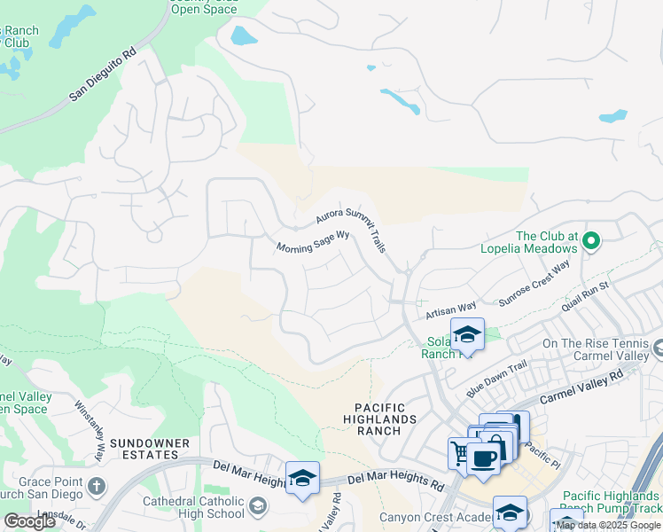 map of restaurants, bars, coffee shops, grocery stores, and more near 13729 Smoothstone Trail in San Diego