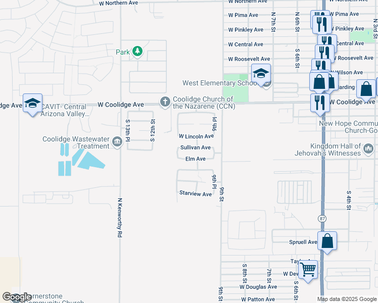 map of restaurants, bars, coffee shops, grocery stores, and more near 1027 West Sullivan Avenue in Coolidge
