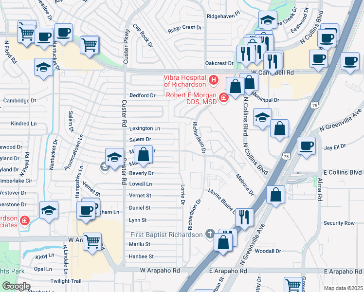 map of restaurants, bars, coffee shops, grocery stores, and more near 1508 Lorrie Drive in Richardson