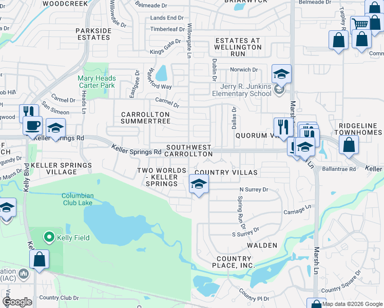 map of restaurants, bars, coffee shops, grocery stores, and more near 2140 Willowgate Lane in Carrollton