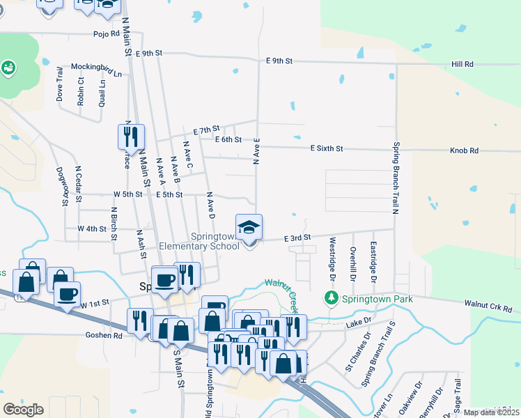 map of restaurants, bars, coffee shops, grocery stores, and more near 410 North Avenue East in Springtown