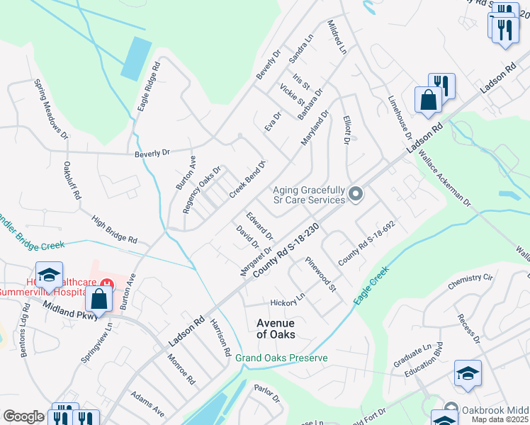map of restaurants, bars, coffee shops, grocery stores, and more near 110 Mickler Drive in Ladson