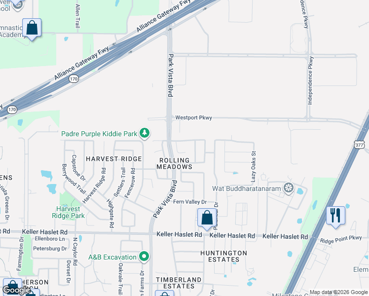 map of restaurants, bars, coffee shops, grocery stores, and more near 13212 Poppy Hill Lane in Fort Worth