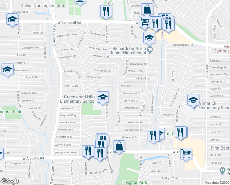 map of restaurants, bars, coffee shops, grocery stores, and more near 1411 Wisteria Way in Richardson
