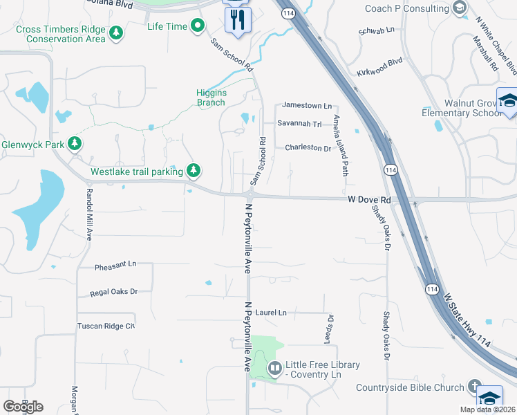 map of restaurants, bars, coffee shops, grocery stores, and more near 1075 West Dove Road in Southlake
