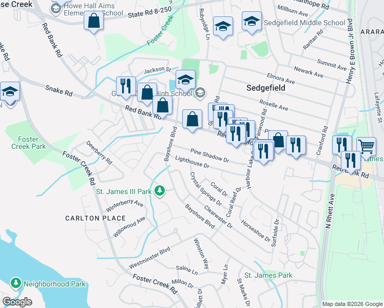 map of restaurants, bars, coffee shops, grocery stores, and more near 143 Pineshadow Drive in Goose Creek