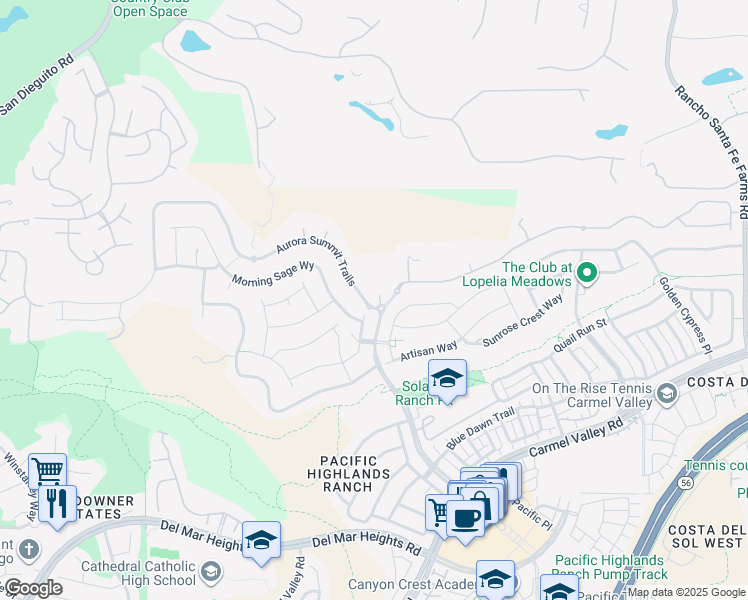 map of restaurants, bars, coffee shops, grocery stores, and more near Summit Trail in San Diego County