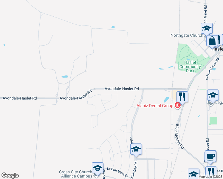 map of restaurants, bars, coffee shops, grocery stores, and more near 89 Avondale-Haslet Road in Haslet