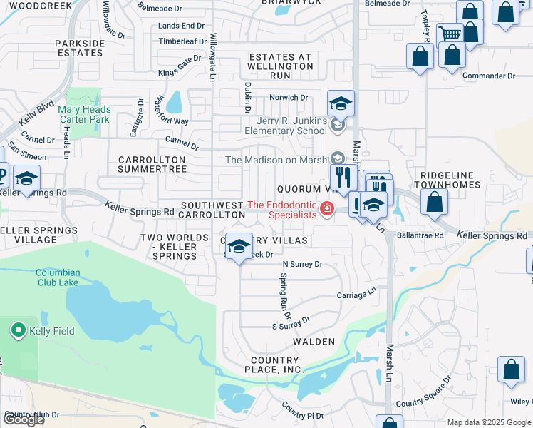 map of restaurants, bars, coffee shops, grocery stores, and more near 2750 Keller Springs Place in Carrollton