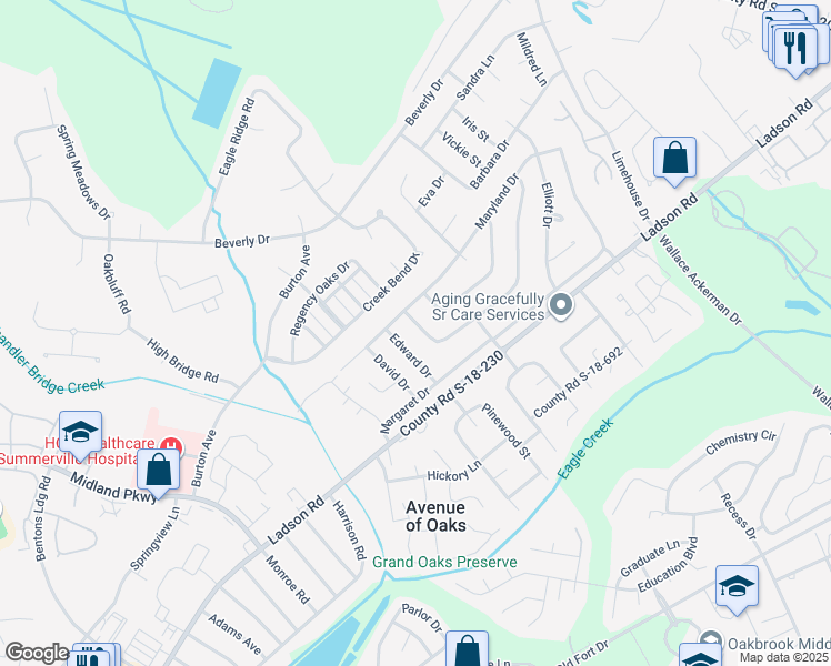 map of restaurants, bars, coffee shops, grocery stores, and more near 110 Mickler Drive in Ladson