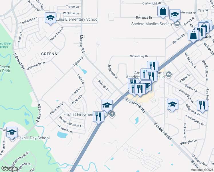 map of restaurants, bars, coffee shops, grocery stores, and more near 6009 Murphy Road in Garland