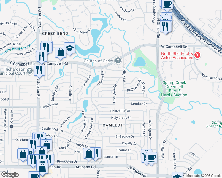 map of restaurants, bars, coffee shops, grocery stores, and more near 2905 Big Ben Lane in Garland