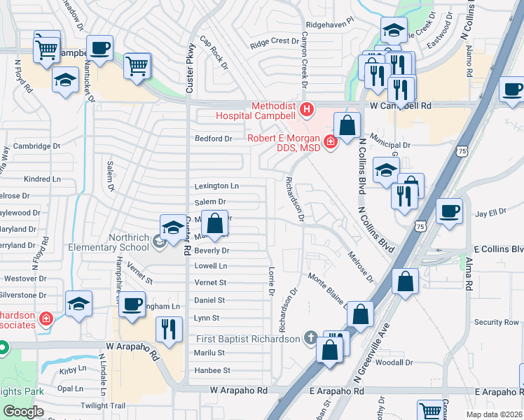 map of restaurants, bars, coffee shops, grocery stores, and more near 1508 Lorrie Drive in Richardson