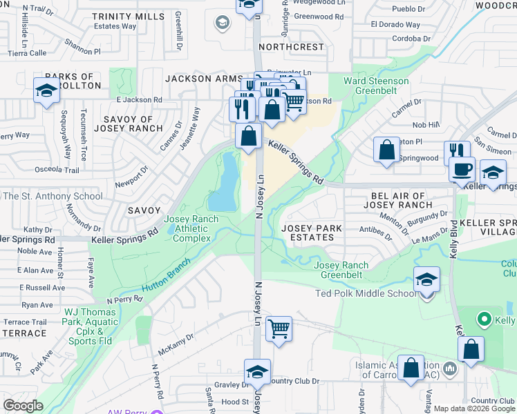map of restaurants, bars, coffee shops, grocery stores, and more near in Carrollton