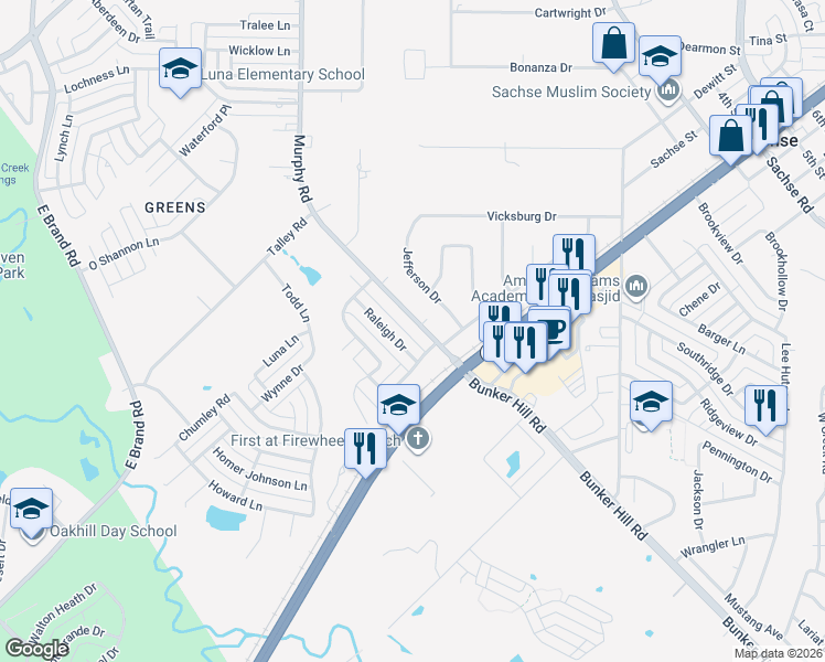 map of restaurants, bars, coffee shops, grocery stores, and more near 6009 Murphy Road in Garland