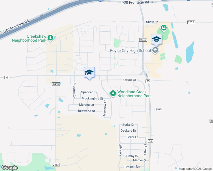 map of restaurants, bars, coffee shops, grocery stores, and more near 613 Chestnut Court in Royse City