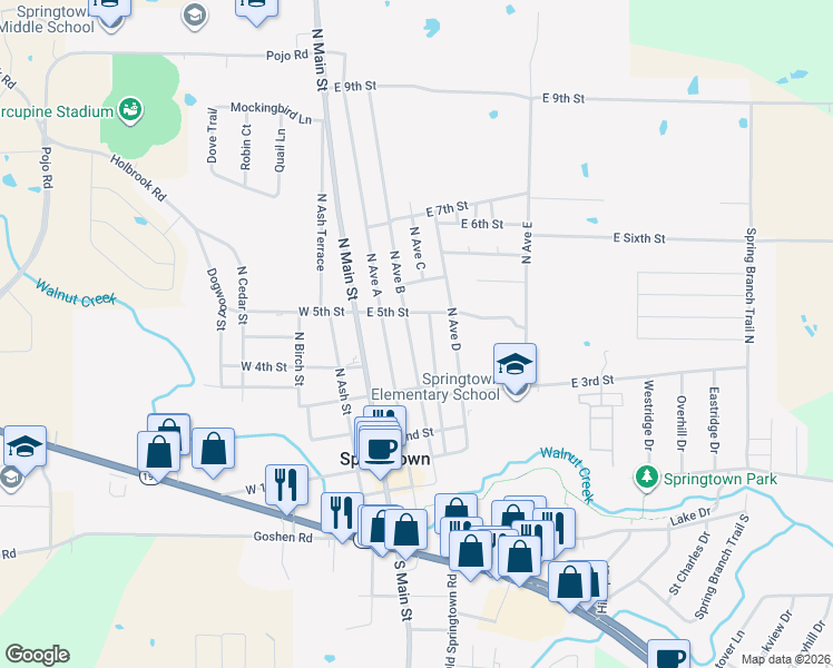 map of restaurants, bars, coffee shops, grocery stores, and more near 417 North Avenue B in Springtown