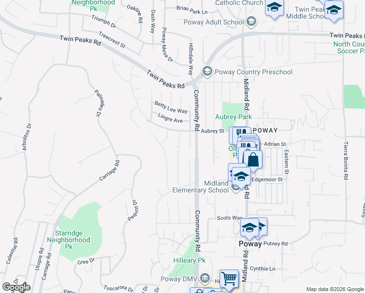 map of restaurants, bars, coffee shops, grocery stores, and more near 14135 Mazatlan Way in Poway