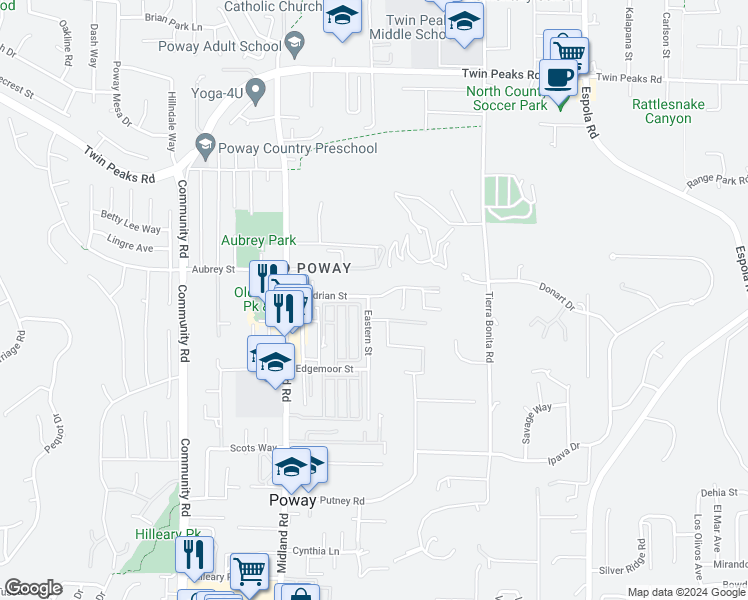 map of restaurants, bars, coffee shops, grocery stores, and more near 13725 Adrian Street in Poway