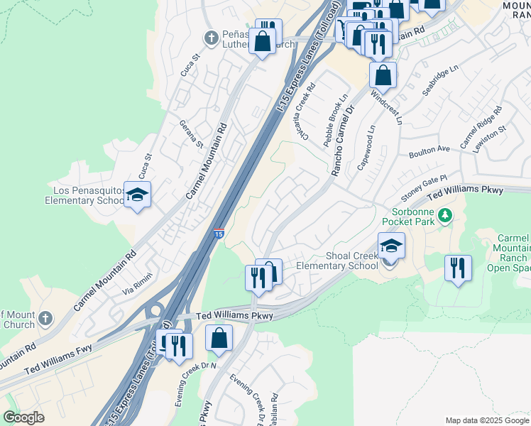map of restaurants, bars, coffee shops, grocery stores, and more near 10366 Rancho Carmel Drive in San Diego