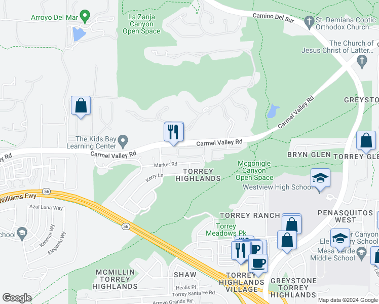 map of restaurants, bars, coffee shops, grocery stores, and more near 13899 Carmel Valley Road in San Diego
