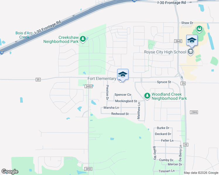 map of restaurants, bars, coffee shops, grocery stores, and more near 624 Preston Drive in Royse City