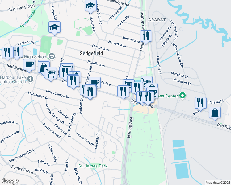 map of restaurants, bars, coffee shops, grocery stores, and more near 1447 Red Bank Road in Goose Creek