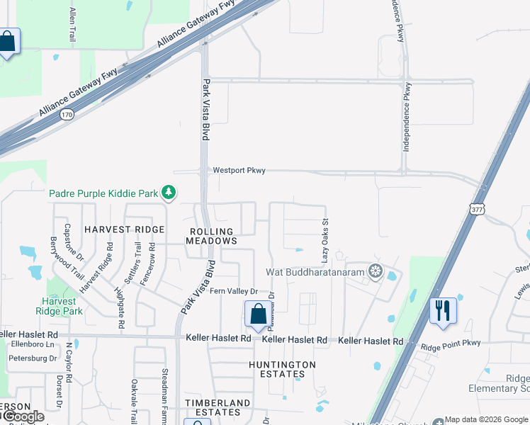 map of restaurants, bars, coffee shops, grocery stores, and more near 13229 Upland Meadow Court in Fort Worth