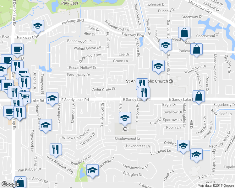 map of restaurants, bars, coffee shops, grocery stores, and more near 110 Ridgecrest Court in Coppell