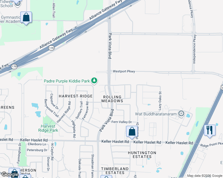 map of restaurants, bars, coffee shops, grocery stores, and more near 13249 Poppy Hill Lane in Fort Worth