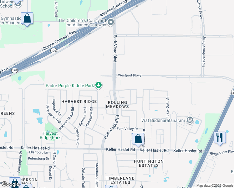 map of restaurants, bars, coffee shops, grocery stores, and more near 13249 Poppy Hill Lane in Fort Worth