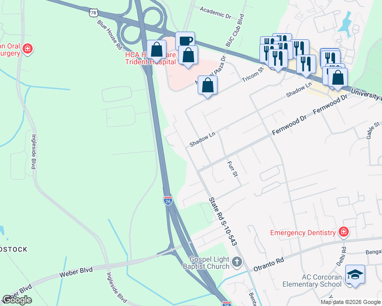 map of restaurants, bars, coffee shops, grocery stores, and more near 9052 Salamander Road in North Charleston