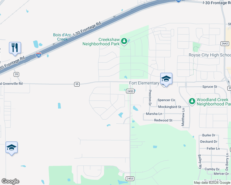 map of restaurants, bars, coffee shops, grocery stores, and more near 126 Farm to Market Road 2453 in Royse City