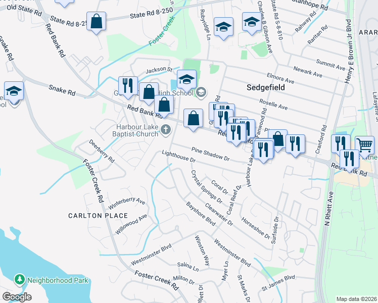 map of restaurants, bars, coffee shops, grocery stores, and more near 143 Pineshadow Drive in Goose Creek