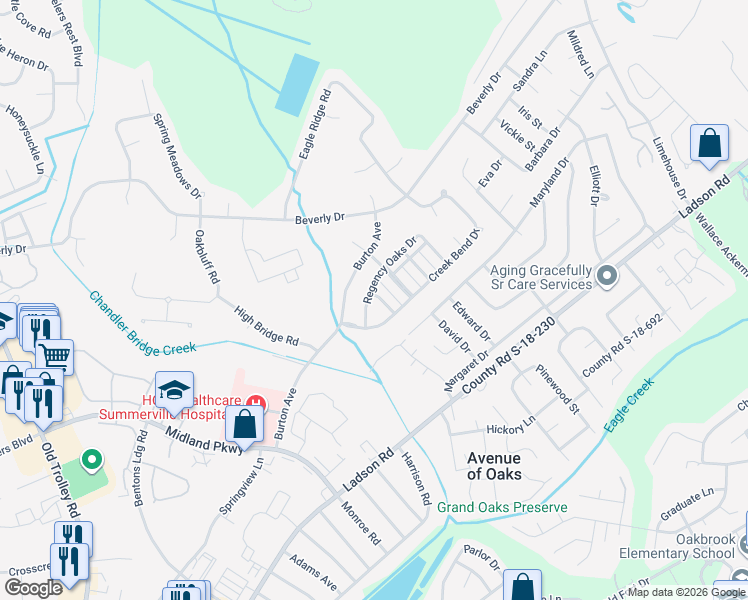 map of restaurants, bars, coffee shops, grocery stores, and more near 20 Regency Oaks Drive in Summerville