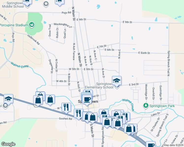 map of restaurants, bars, coffee shops, grocery stores, and more near 417 North Avenue B in Springtown